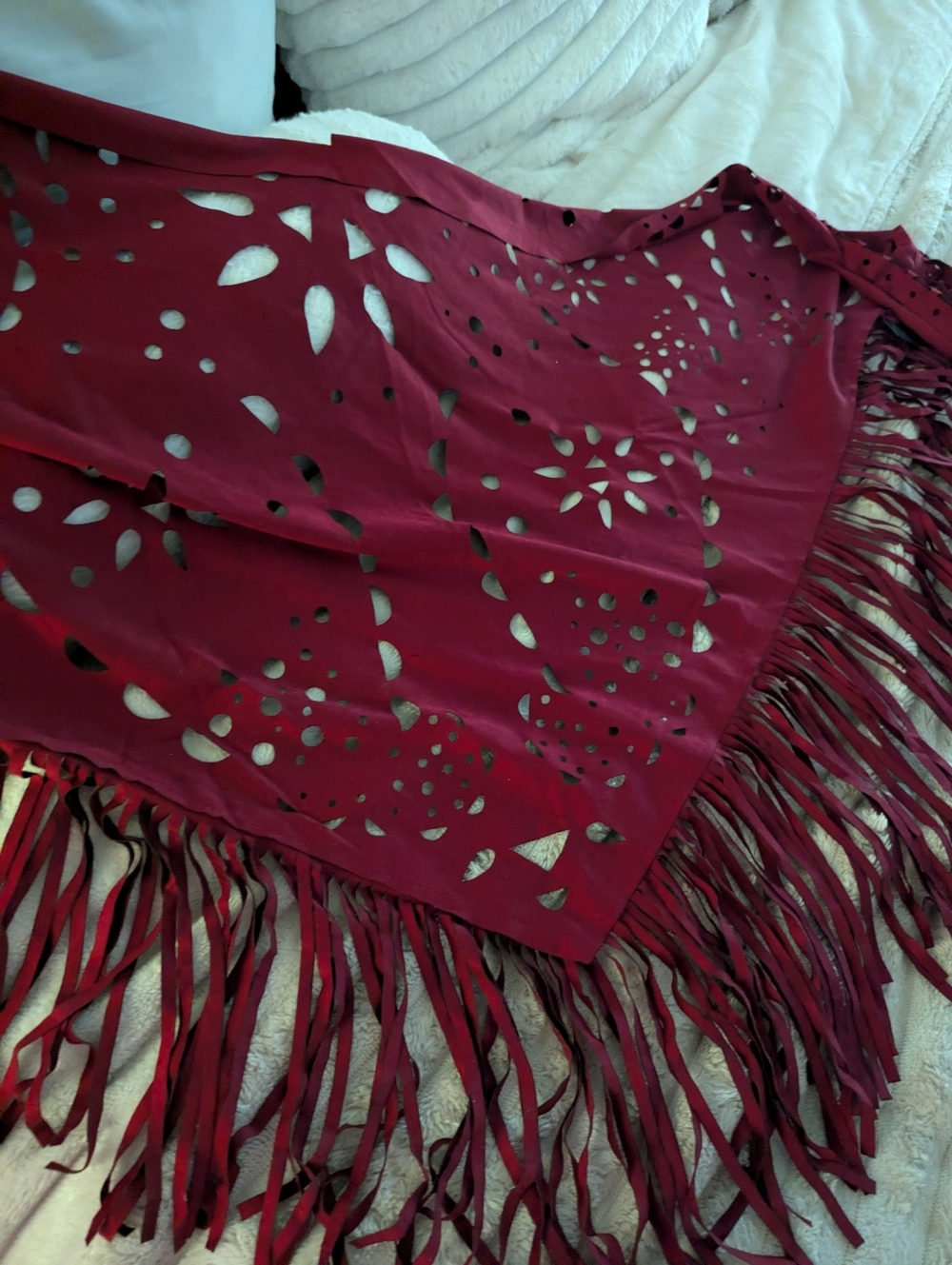 Raj Wine Laser-Cut Fringe Shawl